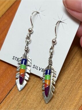 Sterling Silver Multistone Inlay Feather Drop Earrings